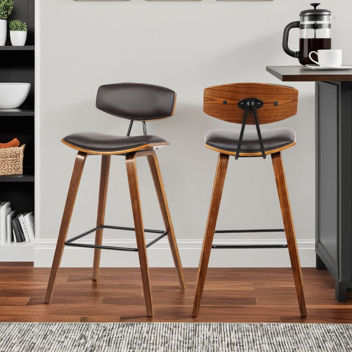 Fox 25.5" Counter Height Brown Faux Leather and Walnut Wood Mid-Century Modern Bar Stool