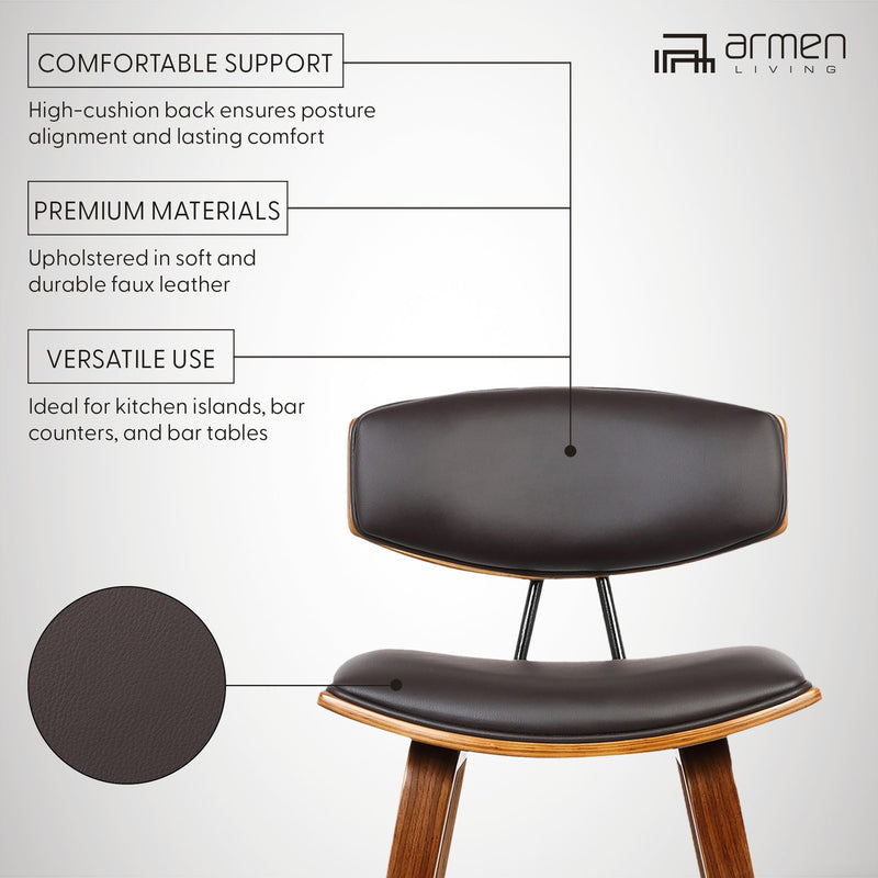 Fox 28.5" Bar Height Brown Faux Leather and Walnut Wood Mid-Century Modern Bar Stool - Furniture City (CA)l