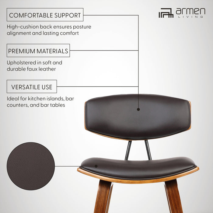 Fox 28.5" Bar Height Brown Faux Leather and Walnut Wood Mid-Century Modern Bar Stool