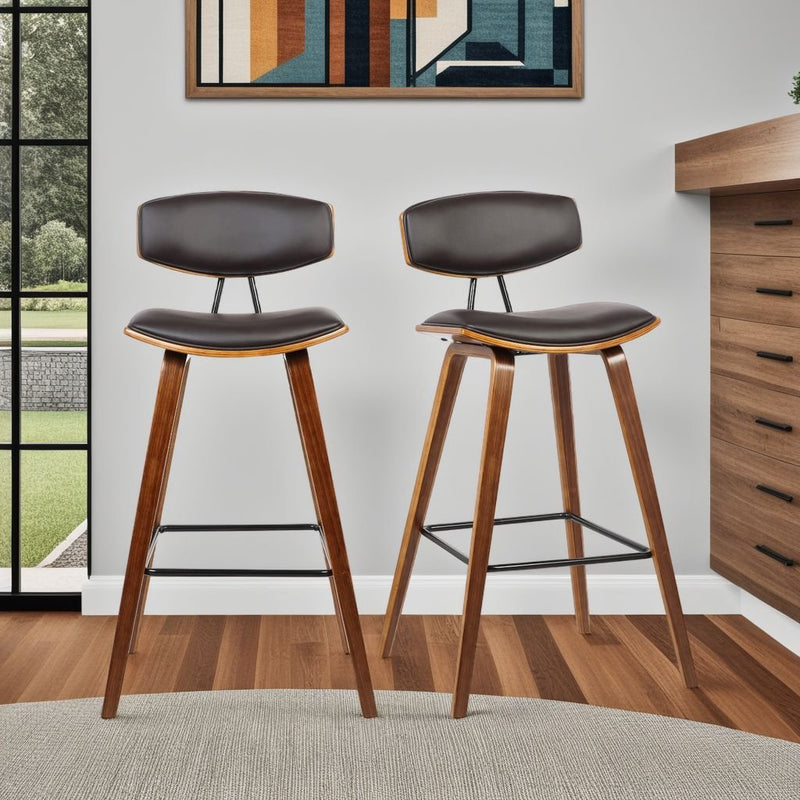 Fox 28.5" Bar Height Brown Faux Leather and Walnut Wood Mid-Century Modern Bar Stool - Furniture City (CA)l