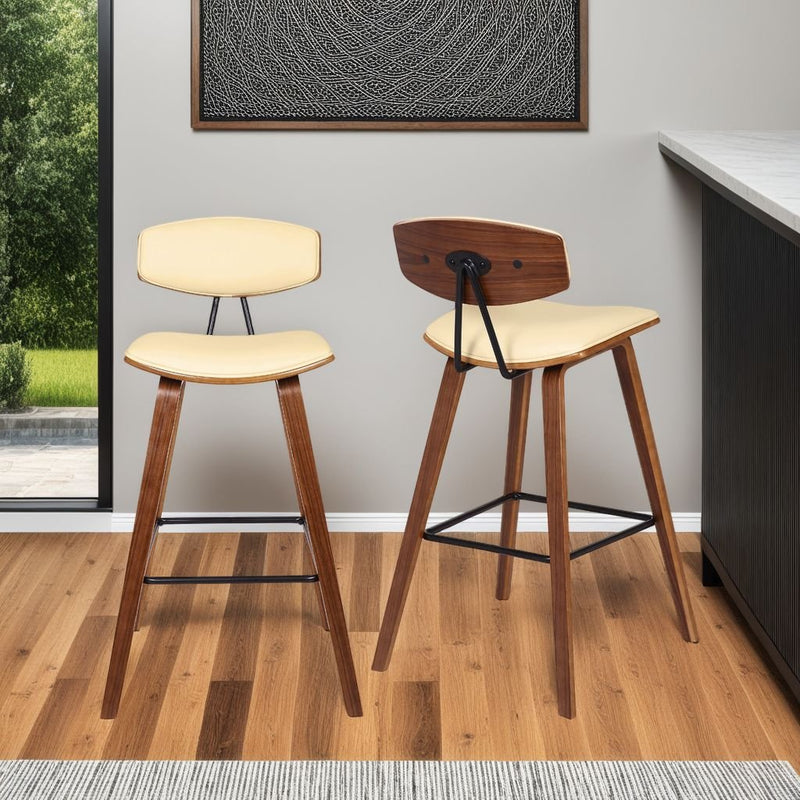 Fox 25.5" Counter Height Cream Faux Leather and Walnut Wood Mid-Century Modern Bar Stool - Furniture City (CA)l