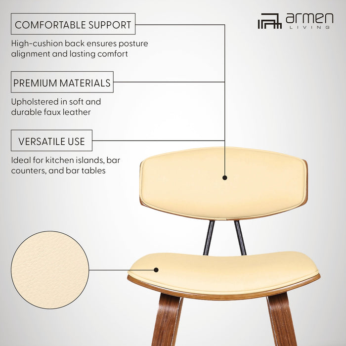 Fox 25.5" Counter Height Cream Faux Leather and Walnut Wood Mid-Century Modern Bar Stool