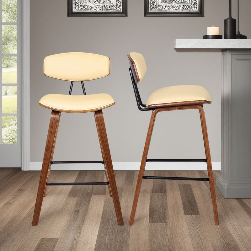 Fox 28.5" Bar Height Cream Faux Leather and Walnut Wood Mid-Century Modern Bar Stool - Furniture City (CA)l