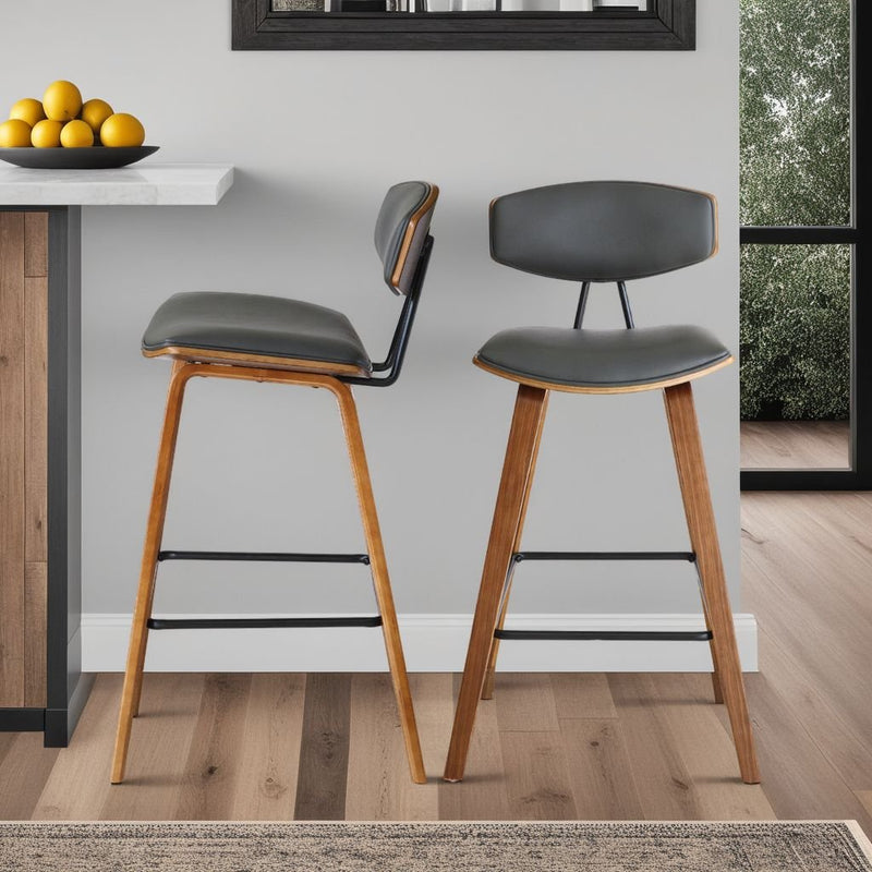 Fox 25.5" Counter Height Gray Faux Leather and Walnut Wood Mid-Century Modern Bar Stool - Furniture City (CA)l