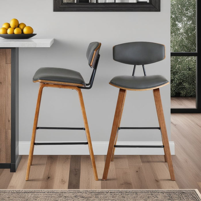 Fox 25.5" Counter Height Gray Faux Leather and Walnut Wood Mid-Century Modern Bar Stool