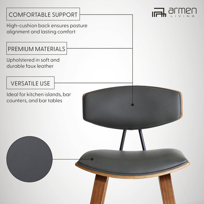 Fox 25.5" Counter Height Gray Faux Leather and Walnut Wood Mid-Century Modern Bar Stool