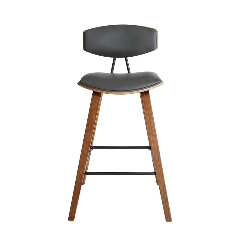 Fox 28.5" Bar Height Gray Faux Leather and Walnut Wood Mid-Century Modern Bar Stool - Furniture City (CA)l