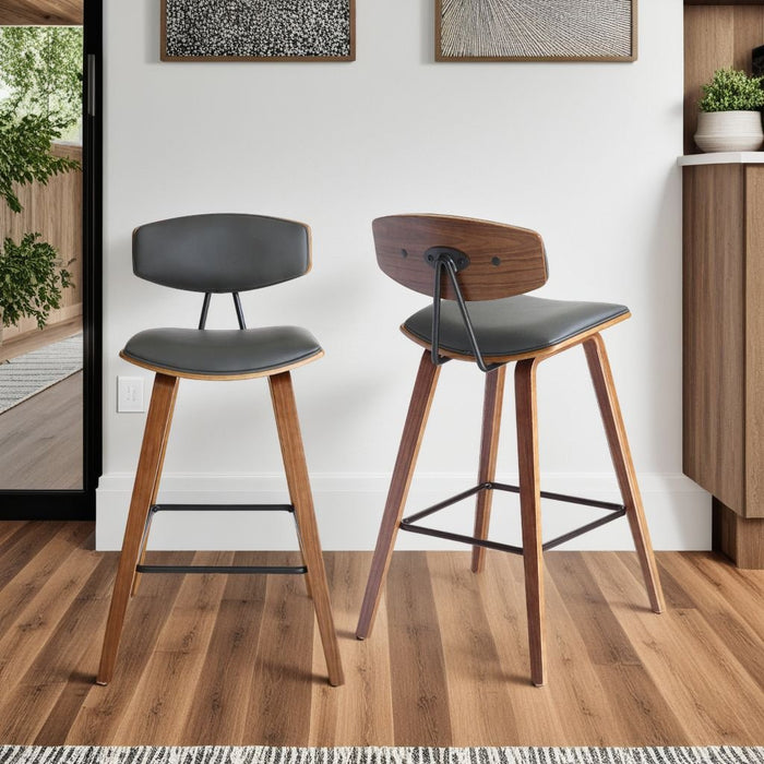 Fox 28.5" Bar Height Gray Faux Leather and Walnut Wood Mid-Century Modern Bar Stool
