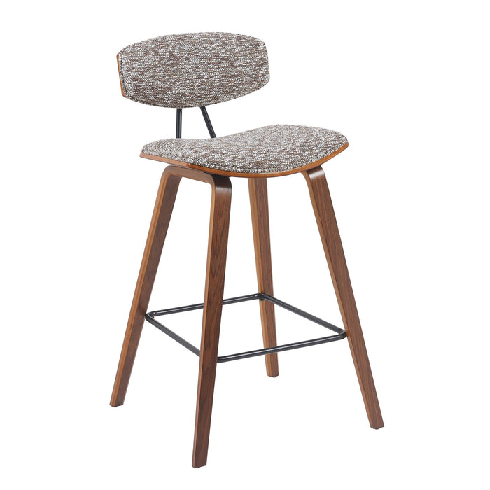 Fox Modern Swivel Counter Height Bar Stool with Speckled Brown Upholstered Seat and Walnut Wood Frame