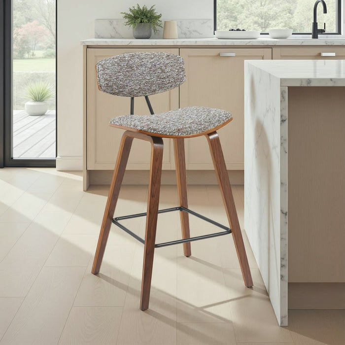 Fox Modern Swivel Counter Height Bar Stool with Speckled Brown Upholstered Seat and Walnut Wood Frame