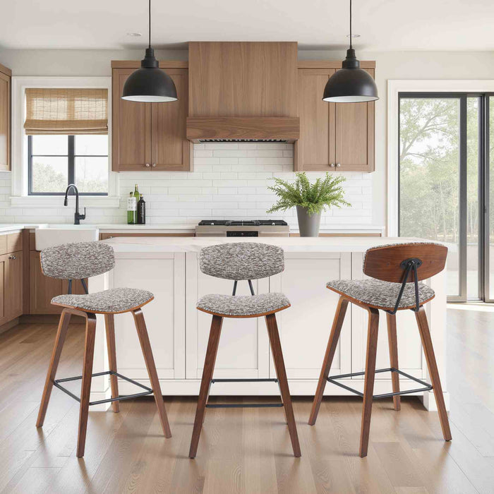 Fox Modern Swivel Counter Height Bar Stool with Speckled Brown Upholstered Seat and Walnut Wood Frame