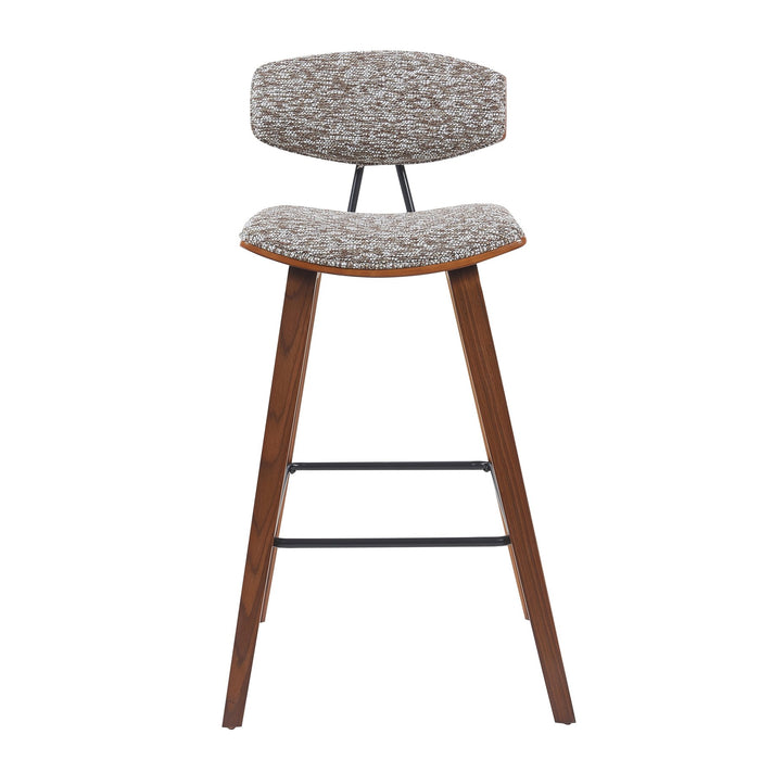 Fox Modern Swivel Bar Height Stool with Speckled Brown Upholstered Seat and Walnut Wood Frame