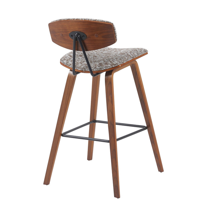 Fox Modern Swivel Bar Height Stool with Speckled Brown Upholstered Seat and Walnut Wood Frame
