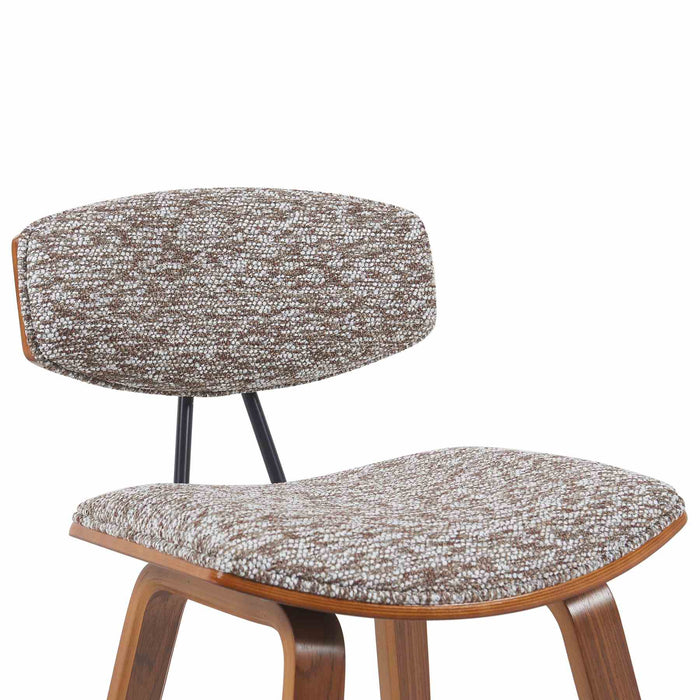 Fox Modern Swivel Bar Height Stool with Speckled Brown Upholstered Seat and Walnut Wood Frame