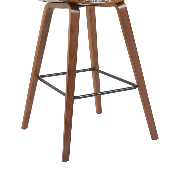 Fox Modern Swivel Bar Height Stool with Speckled Brown Upholstered Seat and Walnut Wood Frame