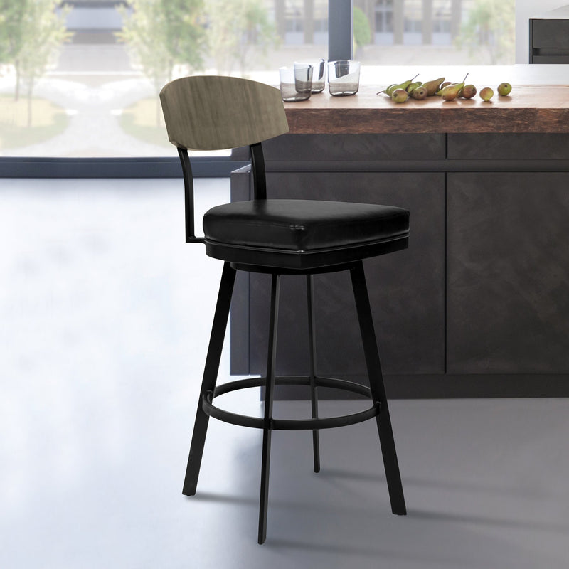 Frisco 30" Bar Height Barstool in Matte Black Finish with Black Faux Leather and Gray Walnut - Furniture City (CA)l
