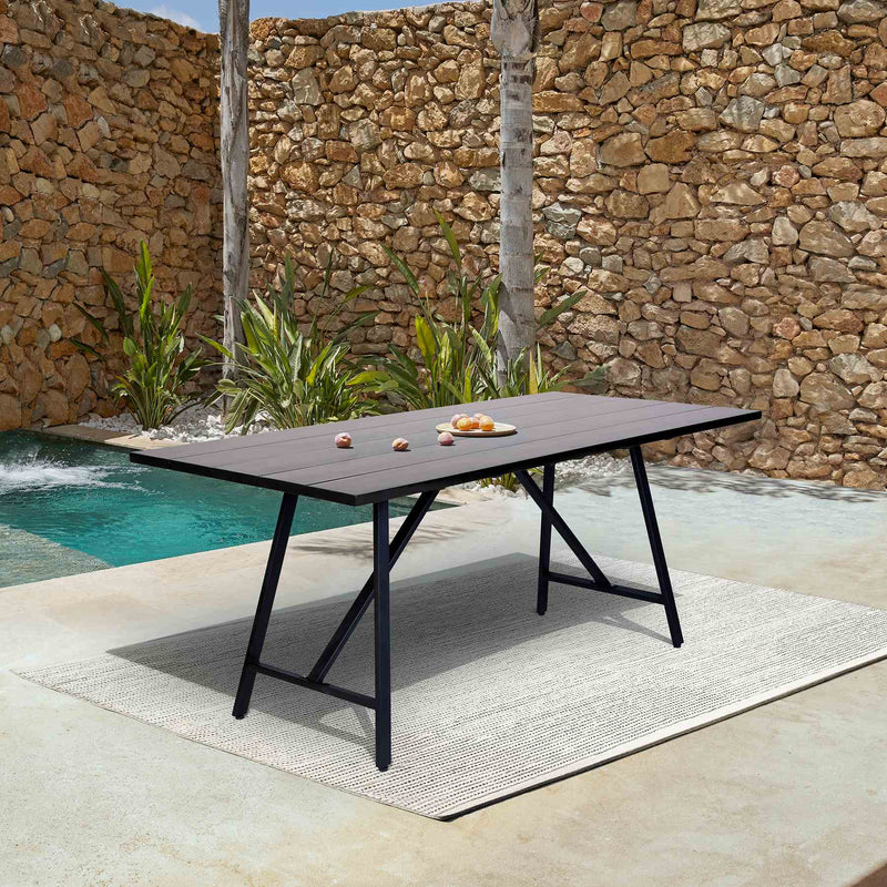 Frinton Outdoor Patio Dark Eucalyptus Wood and Metal Rectangle Dining Table - Furniture City (CA)l