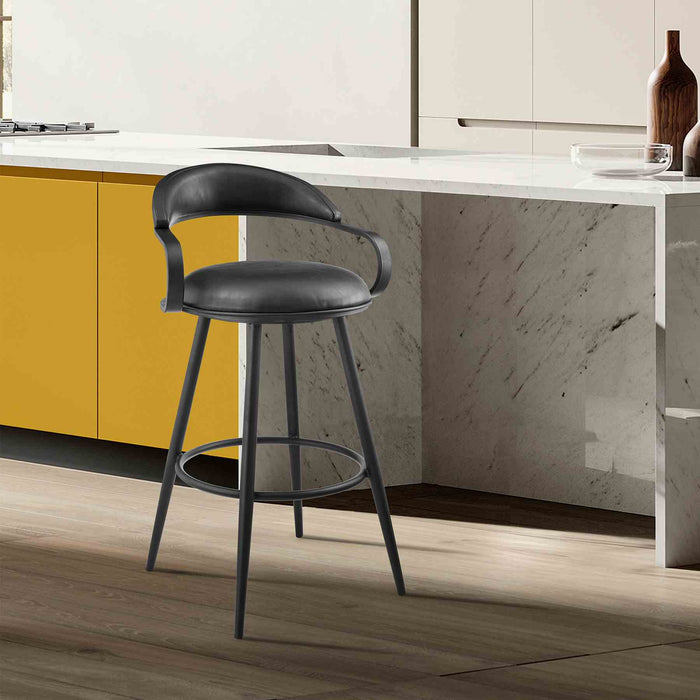 Gardenia 26" Swivel Counter Stool in Black Iron with Vintage Black Faux Leather