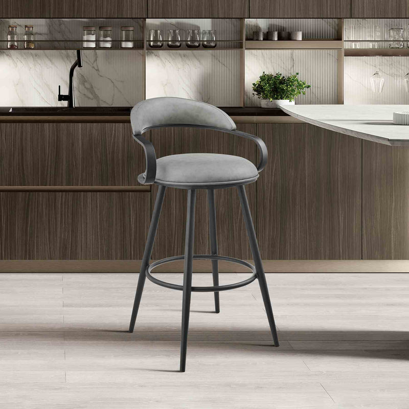 Gardenia 30" Swivel Bar Stool in Black Iron with Vintage Gray Faux Leather - Furniture City (CA)l