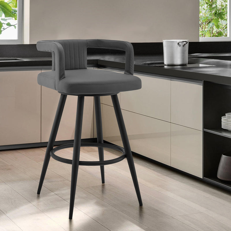 Gabriele 30" Gray Faux Leather and Black Metal Swivel Bar Stool - Furniture City (CA)l