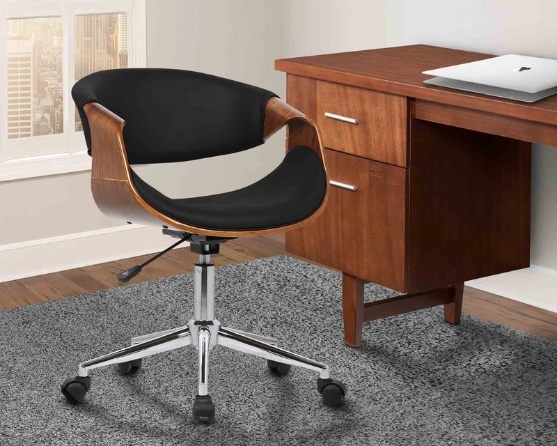 Geneva Mid-Century Office Chair in Chrome finish with Black Faux Leather and Walnut Veneer Arms - Furniture City (CA)l