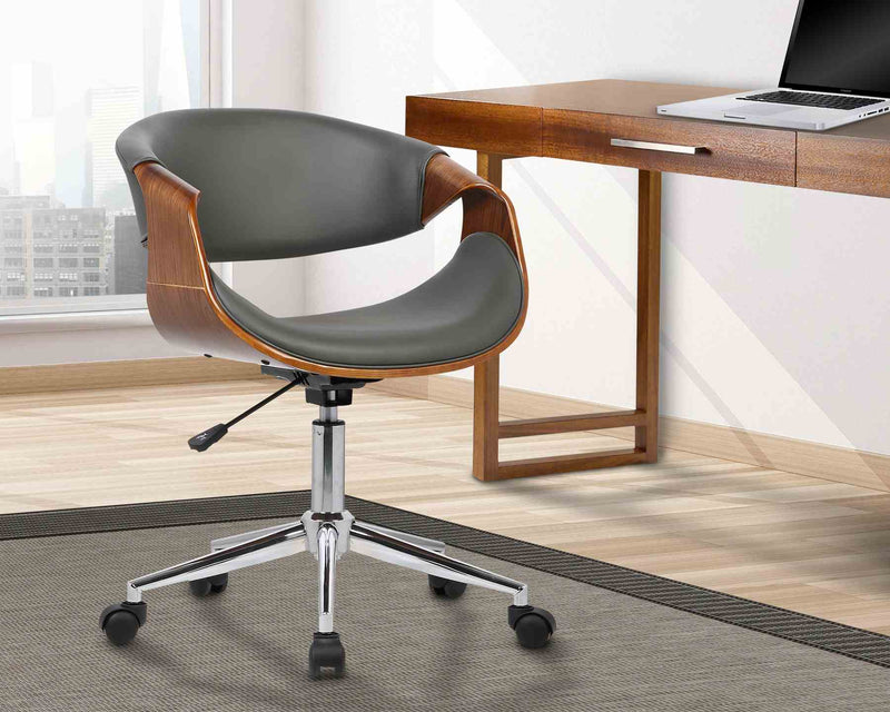 Geneva Mid-Century Office Chair in Chrome finish with Gray Faux Leather and Walnut Veneer Arms - Furniture City (CA)l