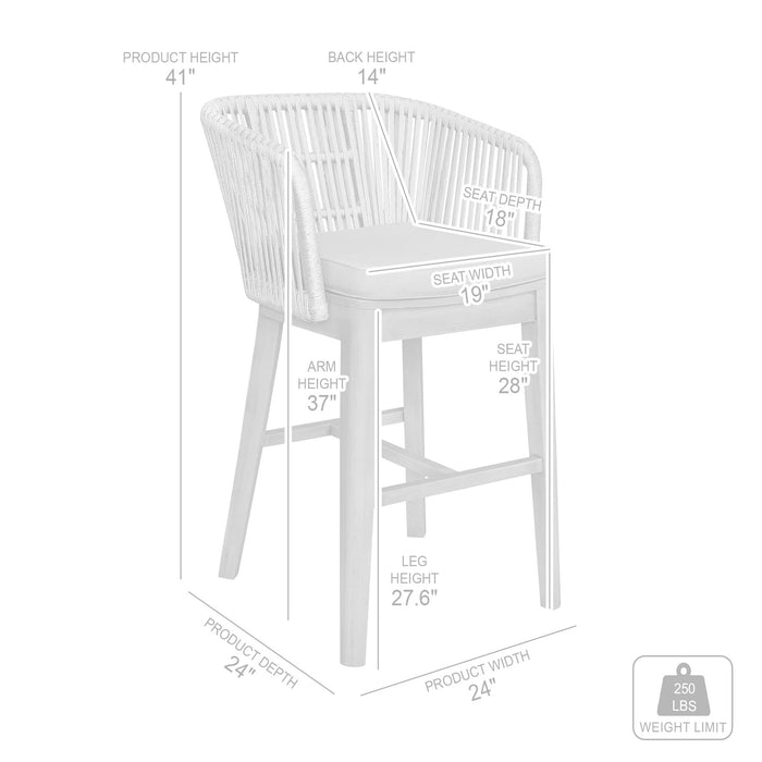 Garnet Outdoor Patio Bar Stool in Gray Acacia Wood and Rope