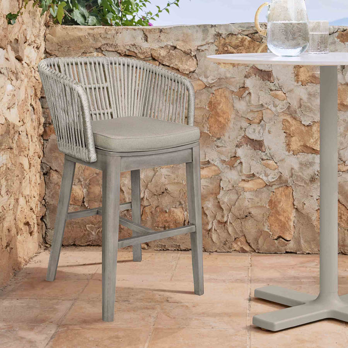 Garnet Outdoor Patio Bar Stool in Gray Acacia Wood and Rope