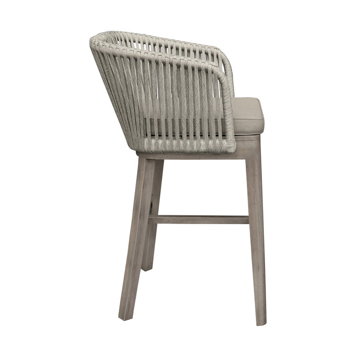 Garnet Outdoor Patio Bar Stool in Gray Acacia Wood and Rope