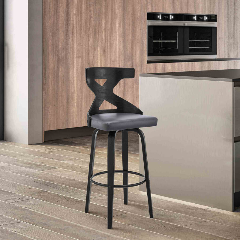 Gayle 26" Swivel Cross Back Gray Faux Leather and Black Wood Bar Stool - Furniture City (CA)l