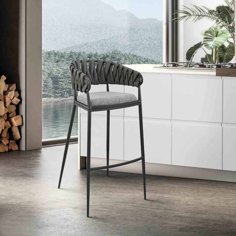 Giovanni 30" Bar Stool in Black Metal with Gray Fabric and Faux Leather - Furniture City (CA)l