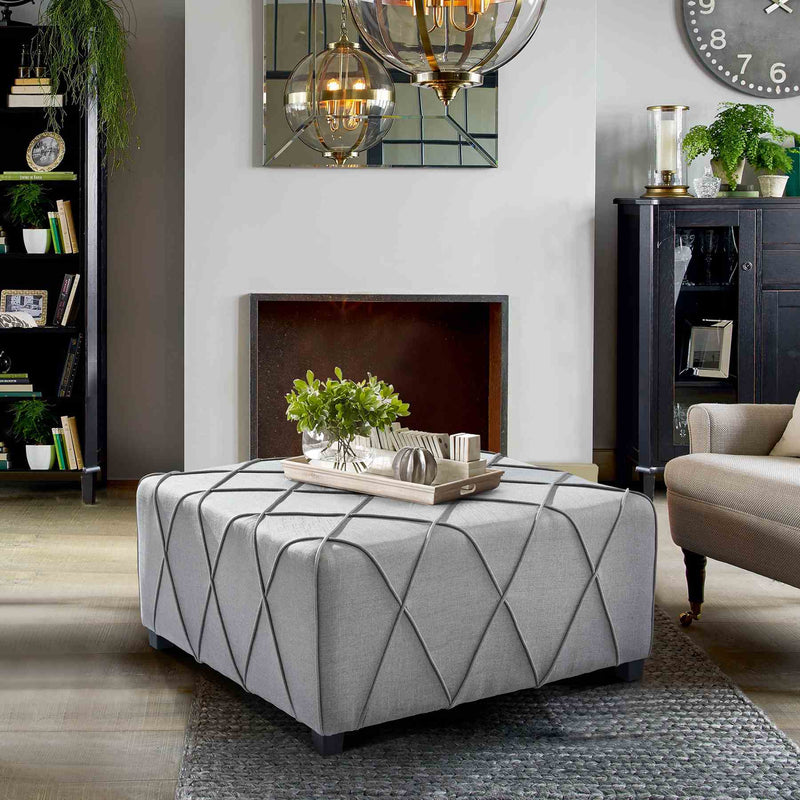 Gemini Contemporary Ottoman in Silver Linen with Piping Accents and Wood Legs - Furniture City (CA)l