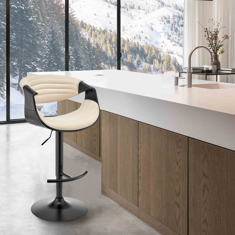 Gionni Adjustable Swivel Cream Faux Leather and Black Wood Bar Stool with Black Base - Furniture City (CA)l