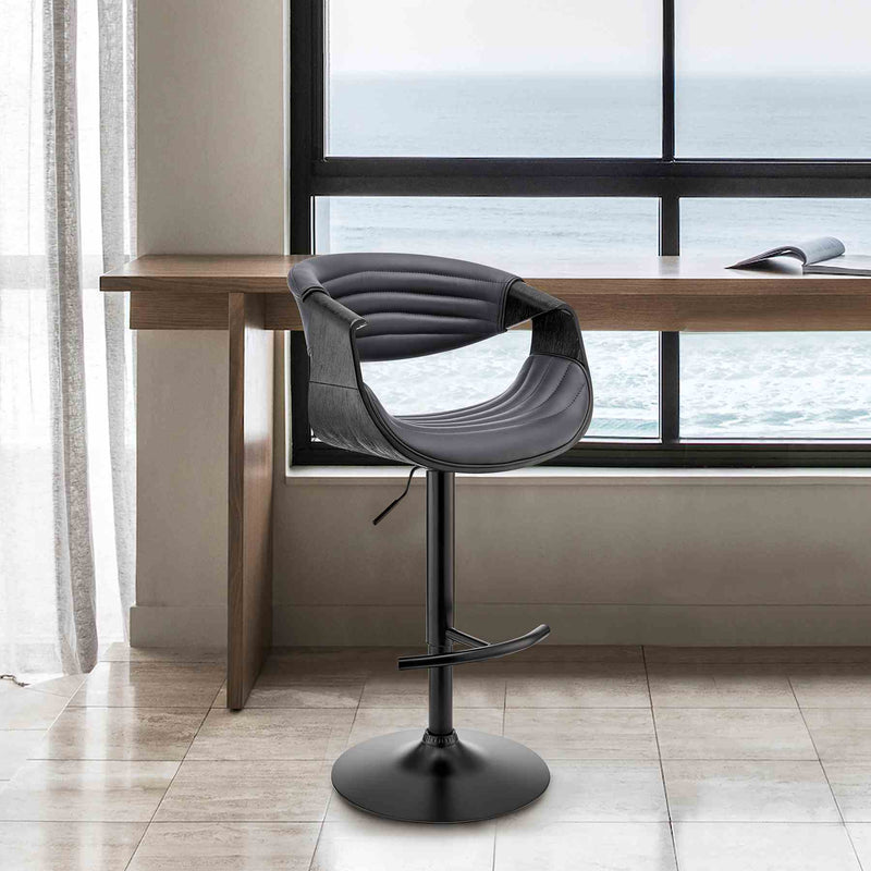 Gionni Adjustable Swivel Gray Faux Leather and Black Wood Bar Stool with Black Base - Furniture City (CA)l