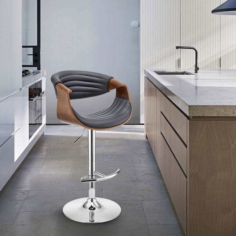 Gionni Adjustable Swivel Gray Faux Leather and Walnut Wood Bar Stool with Chrome Base - Furniture City (CA)l