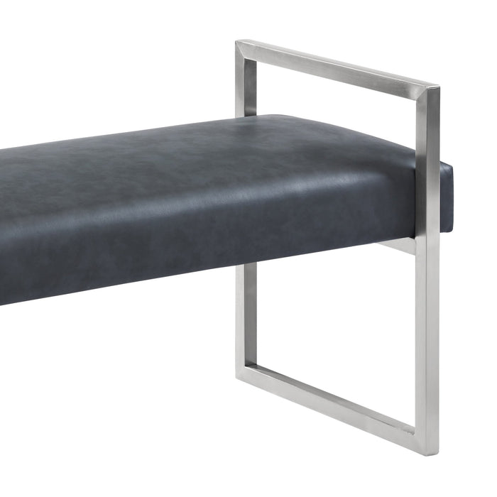 Grant Contemporary Bench in Gray Faux Leather and Brushed Stainless Steel Finish