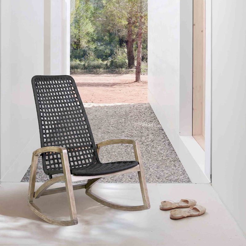 Griffin Outdoor Patio Rocking Chair in Light Eucalyptus Wood and Charcoal Rope - Furniture City (CA)l