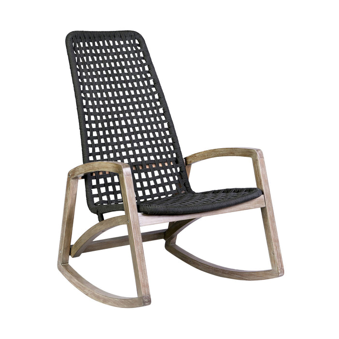 Griffin Outdoor Patio Rocking Chair in Light Eucalyptus Wood and Charcoal Rope
