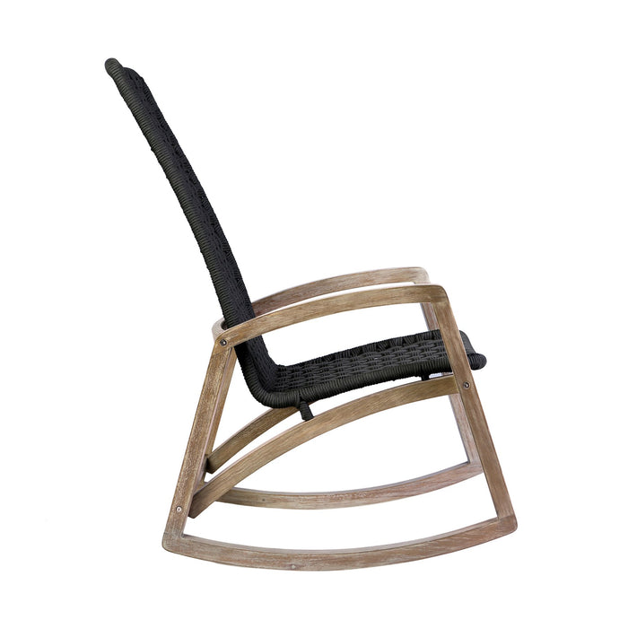 Griffin Outdoor Patio Rocking Chair in Light Eucalyptus Wood and Charcoal Rope