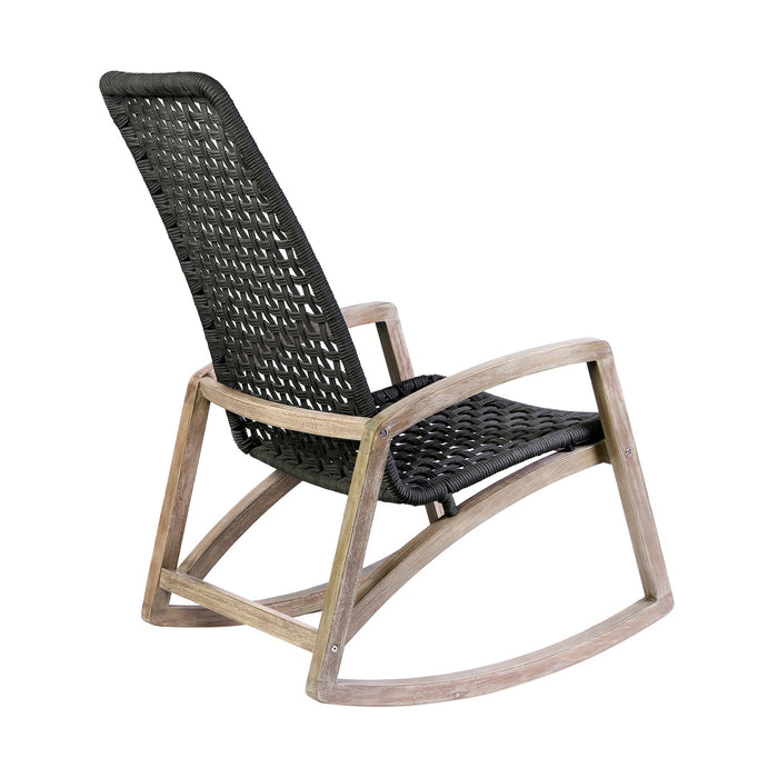 Griffin Outdoor Patio Rocking Chair in Light Eucalyptus Wood and Charcoal Rope