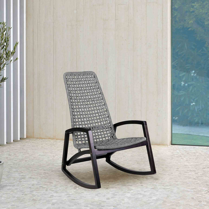 Griffin Outdoor Patio Rocking Chair in Dark Eucalyptus Wood and Gray Rope