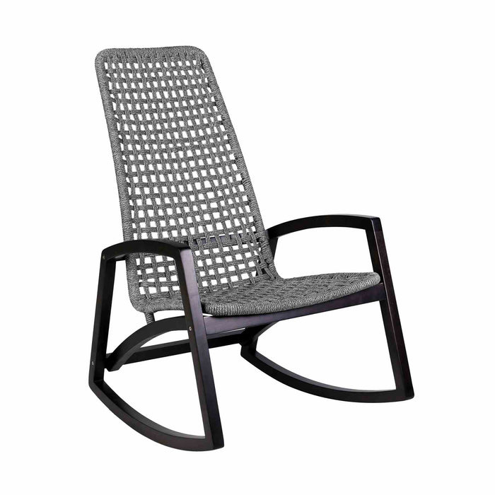 Griffin Outdoor Patio Rocking Chair in Dark Eucalyptus Wood and Gray Rope