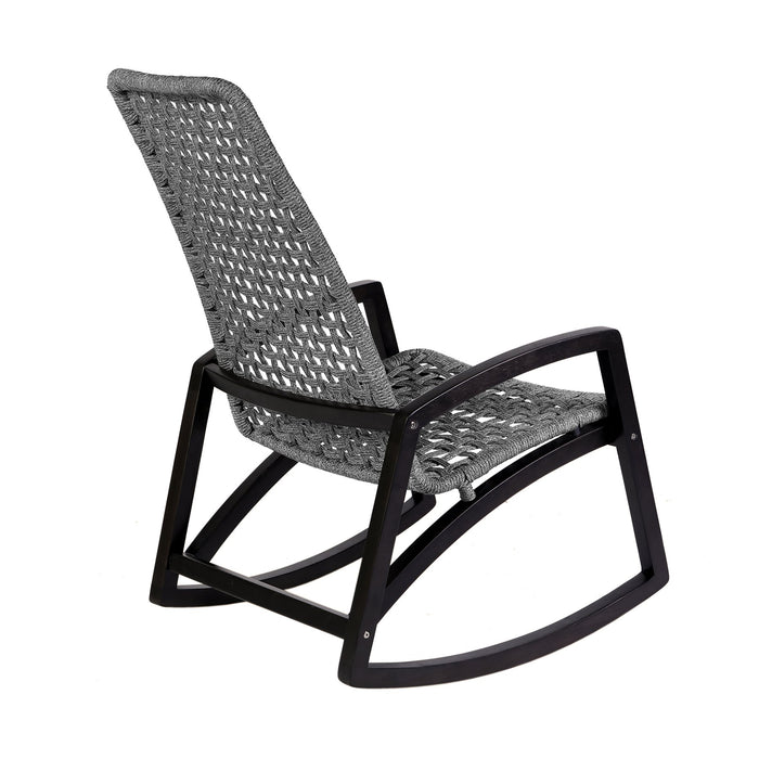 Griffin Outdoor Patio Rocking Chair in Dark Eucalyptus Wood and Gray Rope
