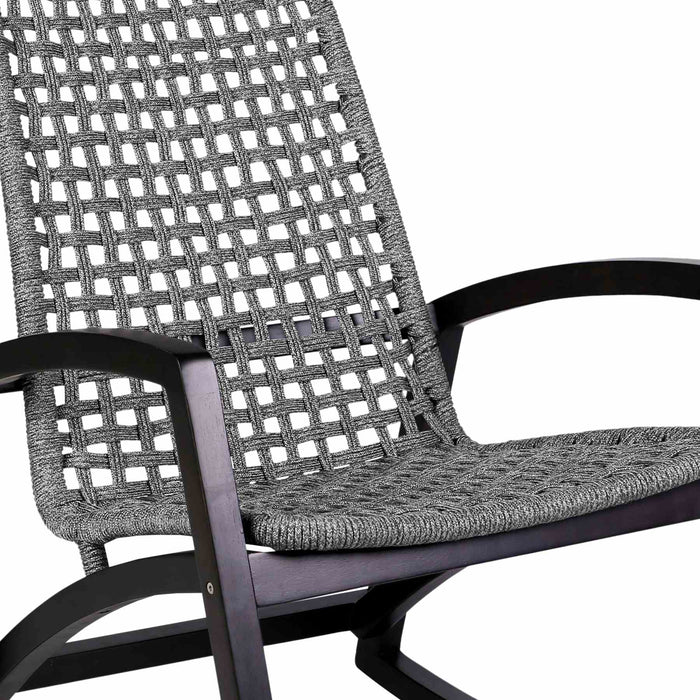 Griffin Outdoor Patio Rocking Chair in Dark Eucalyptus Wood and Gray Rope