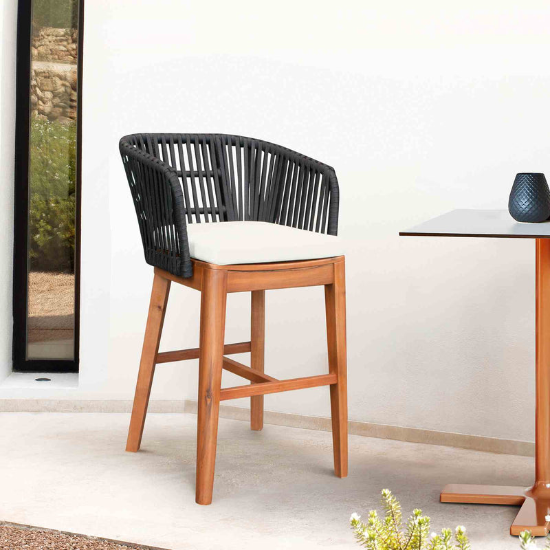 Garnet Outdoor Patio Bar Stool in Natural Acacia Wood and Black Rope - Furniture City (CA)l