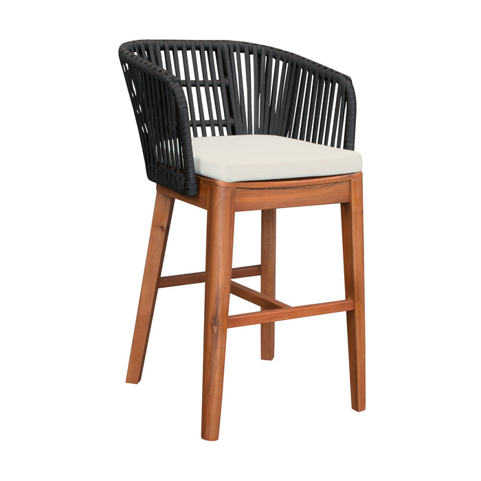 Garnet Outdoor Patio Bar Stool in Natural Acacia Wood and Black Rope