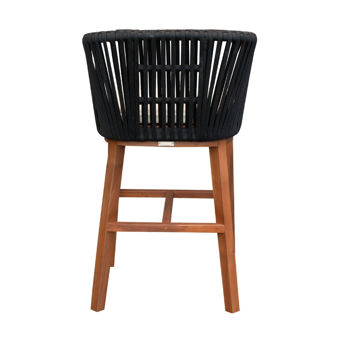 Garnet Outdoor Patio Bar Stool in Natural Acacia Wood and Black Rope