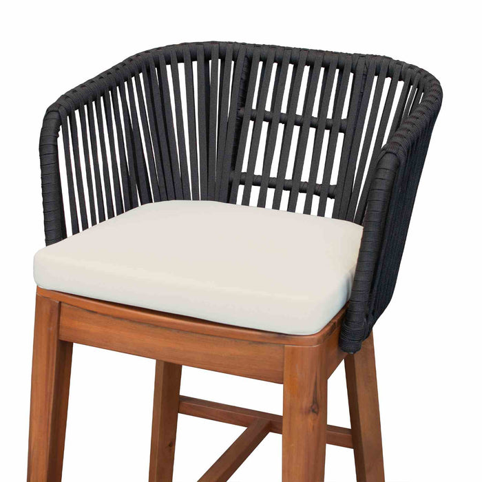 Garnet Outdoor Patio Bar Stool in Natural Acacia Wood and Black Rope