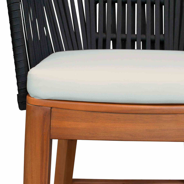 Garnet Outdoor Patio Bar Stool in Natural Acacia Wood and Black Rope