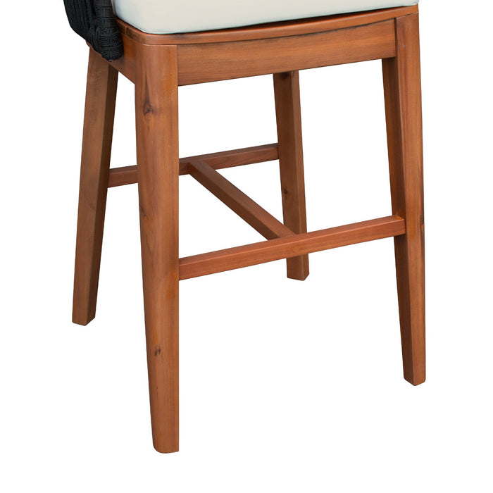 Garnet Outdoor Patio Bar Stool in Natural Acacia Wood and Black Rope